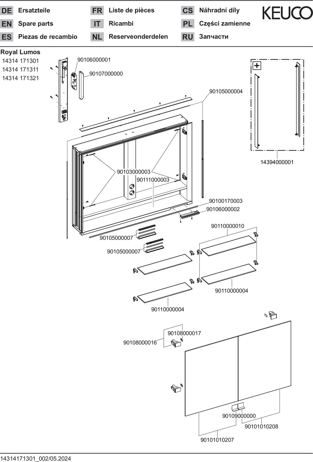 KEUCO Royal Lumos Spiegelschrank 1000 mm, Wandeinbau, silber-eloxiert, mit Beleuchtung und Ablagefach
