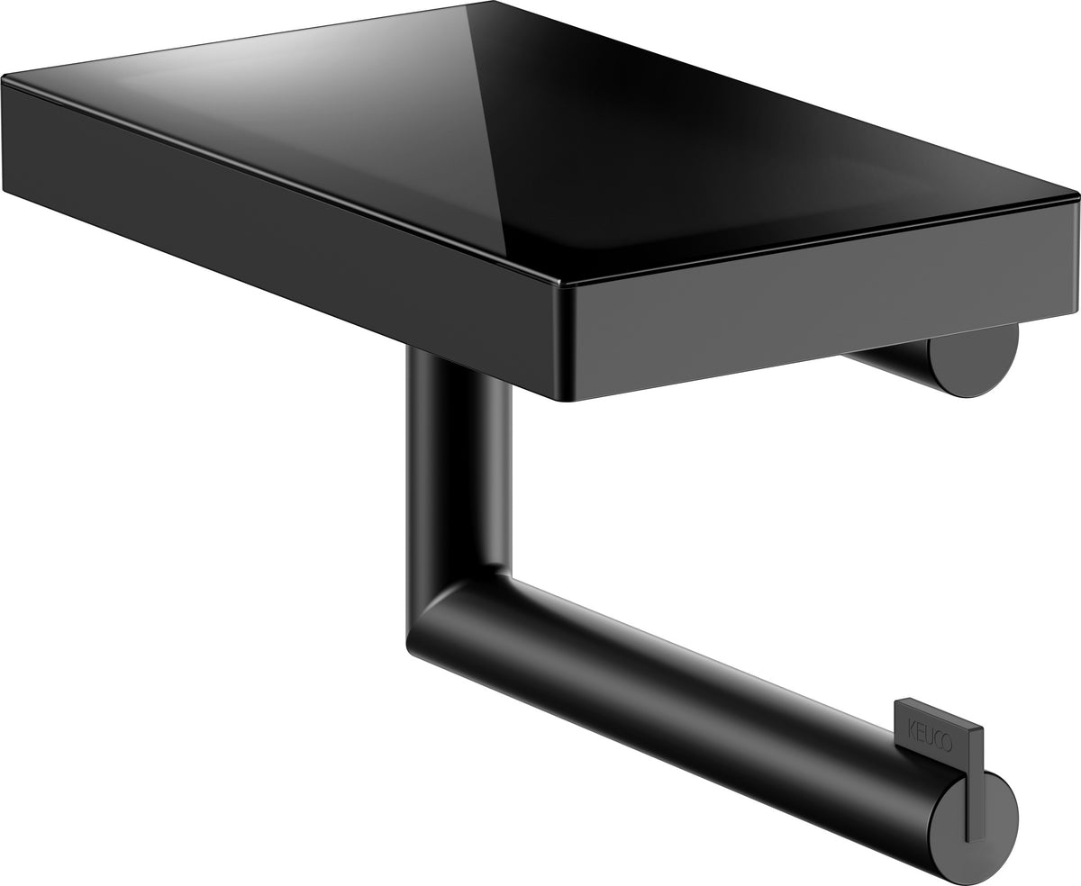 KEUCO REVA Toilettenpapierhalter mit Glas-Ablage in schwarz matt – Wandmontage, Metall
