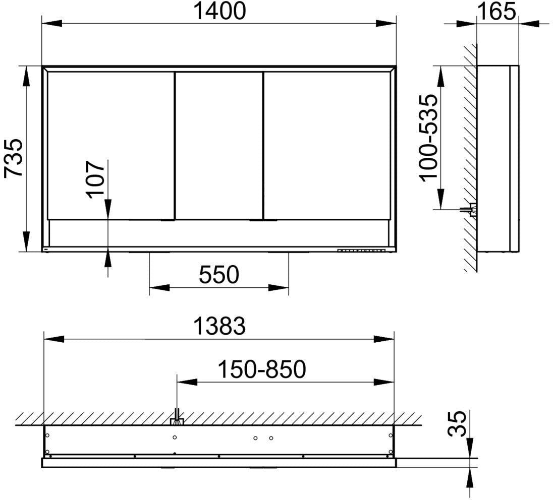 KEUCO Royal Lumos Spiegelschrank 1400 mm, 3 Türen, LED-Beleuchtung, silber-eloxiert