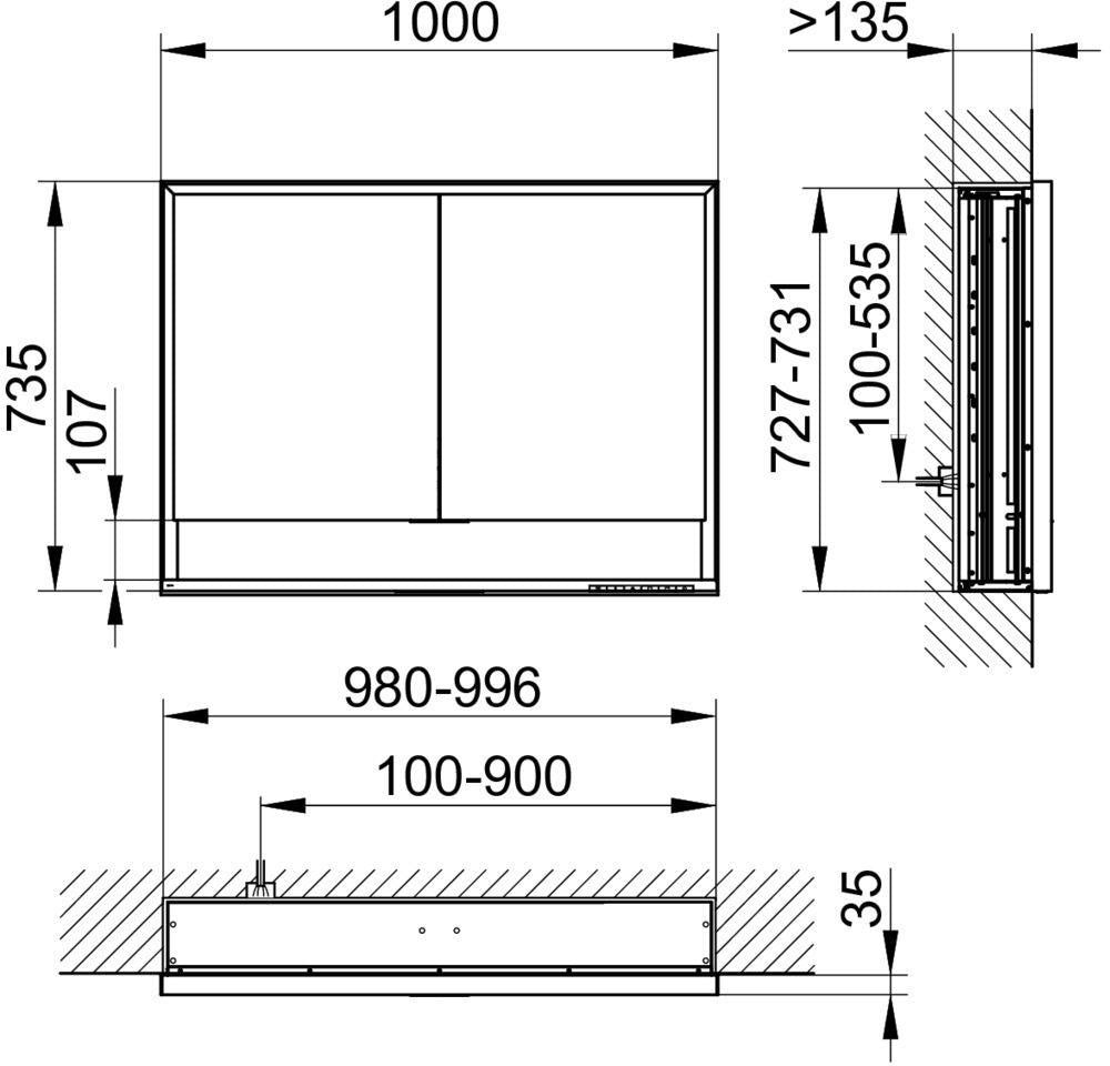 KEUCO Royal Lumos Spiegelschrank 1000 mm, Wandeinbau, silber-eloxiert, mit Beleuchtung und Ablagefach