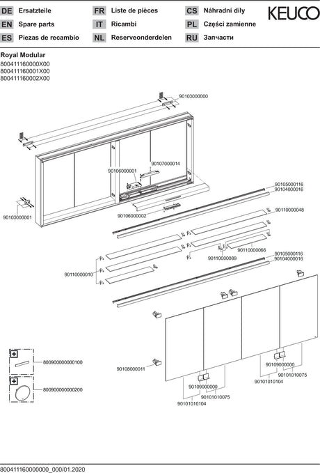 KEUCO Royal Modular 2.0 Spiegelschrank 1600 mm beleuchtet, 4 Türen, silber-eloxiert