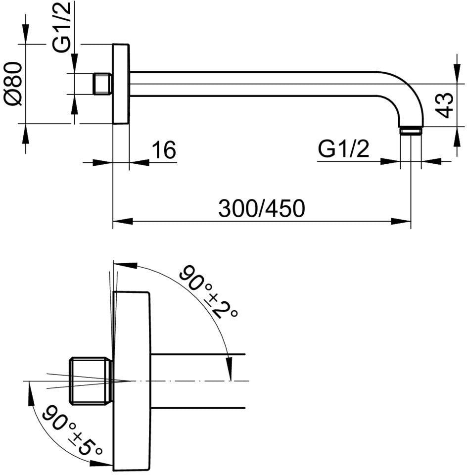 KEUCO Brausearm Edition 300, Wandanschluss, 300 mm, verchromt – Eckige Form, Metall