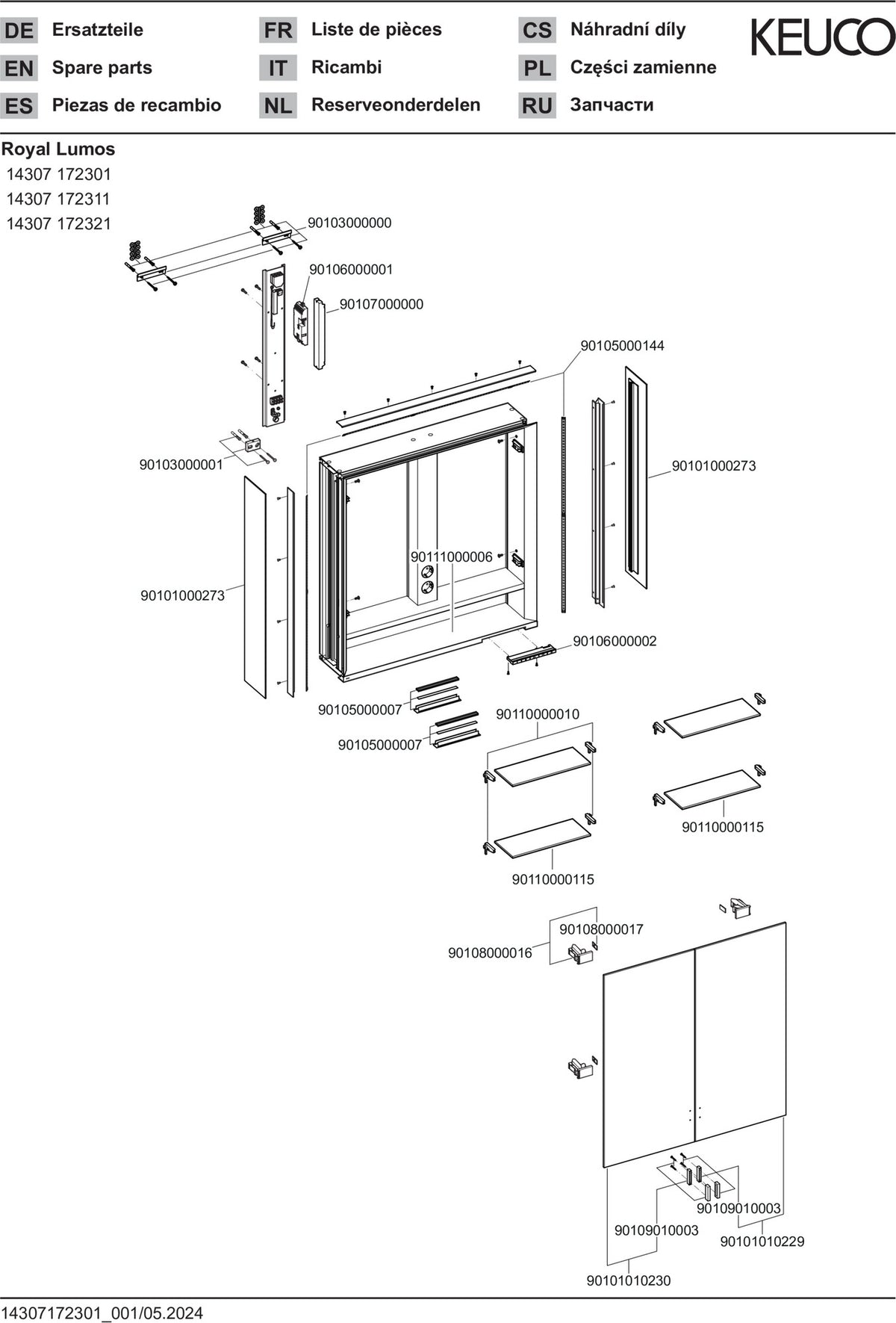 KEUCO Royal Lumos Spiegelschrank 700 mm mit Beleuchtung und Ablagefach, silber-eloxiert