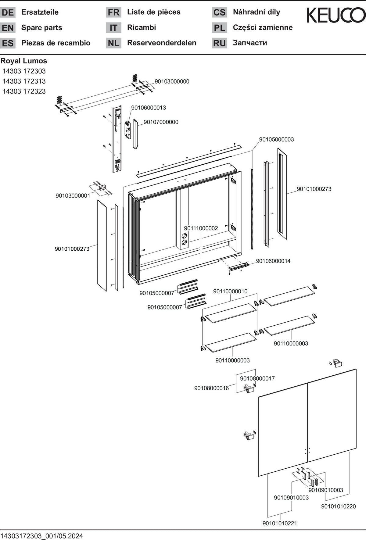 KEUCO Royal Lumos Spiegelschrank 900 mm mit LED-Beleuchtung, 2 Türen, silber-eloxiert