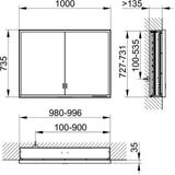 KEUCO Royal Lumos Spiegelschrank 1000 mm, Wandeinbau, silber-eloxiert, mit Beleuchtung und Ablagefach