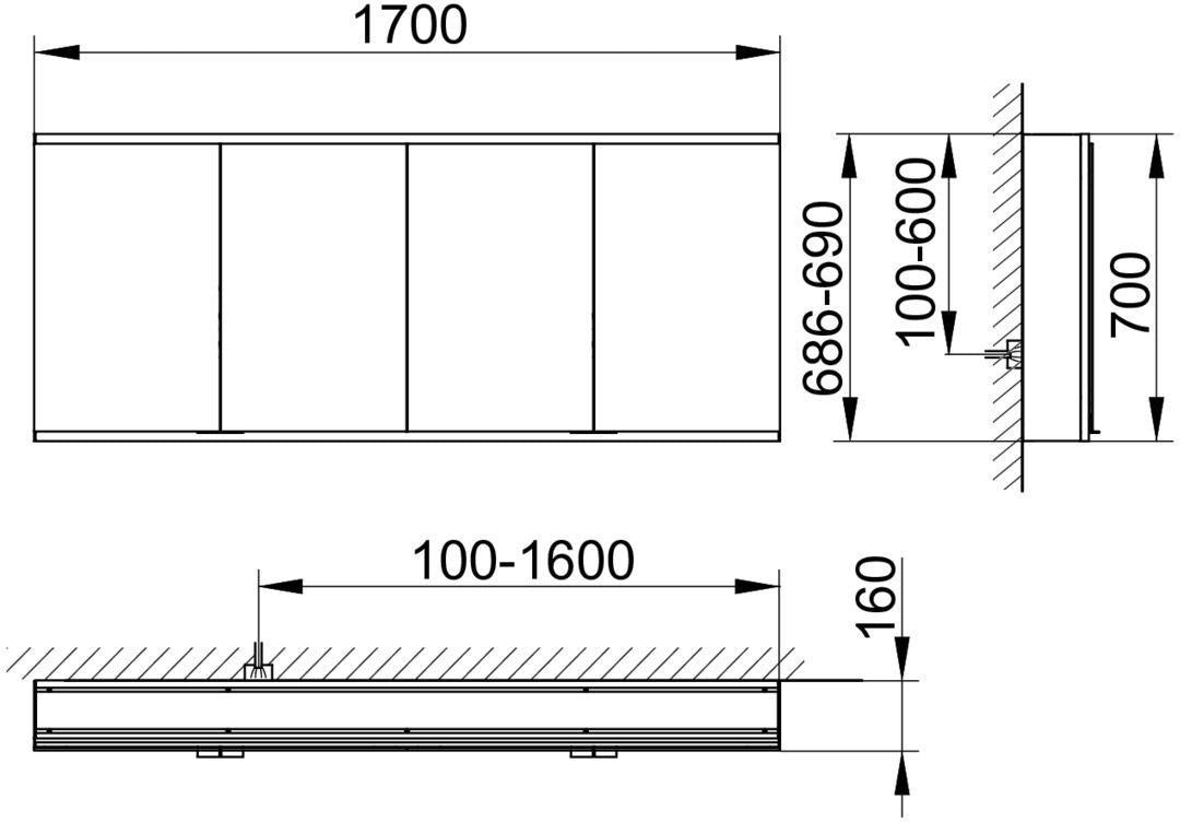 KEUCO Royal Modular 2.0 Spiegelschrank 1700 mm beleuchtet, silber-eloxiert, 4 Türen, Wandvorbau