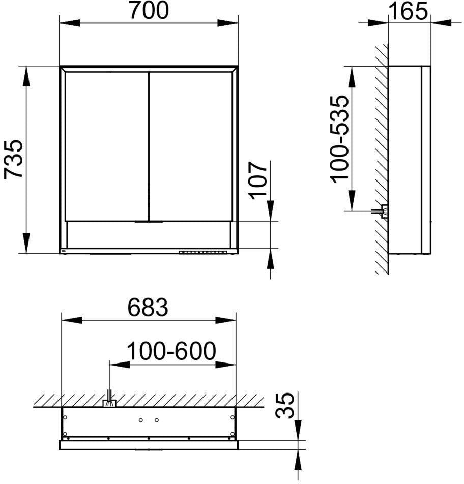 KEUCO Royal Lumos Spiegelschrank 700 mm mit Beleuchtung und Ablagefach, silber-eloxiert