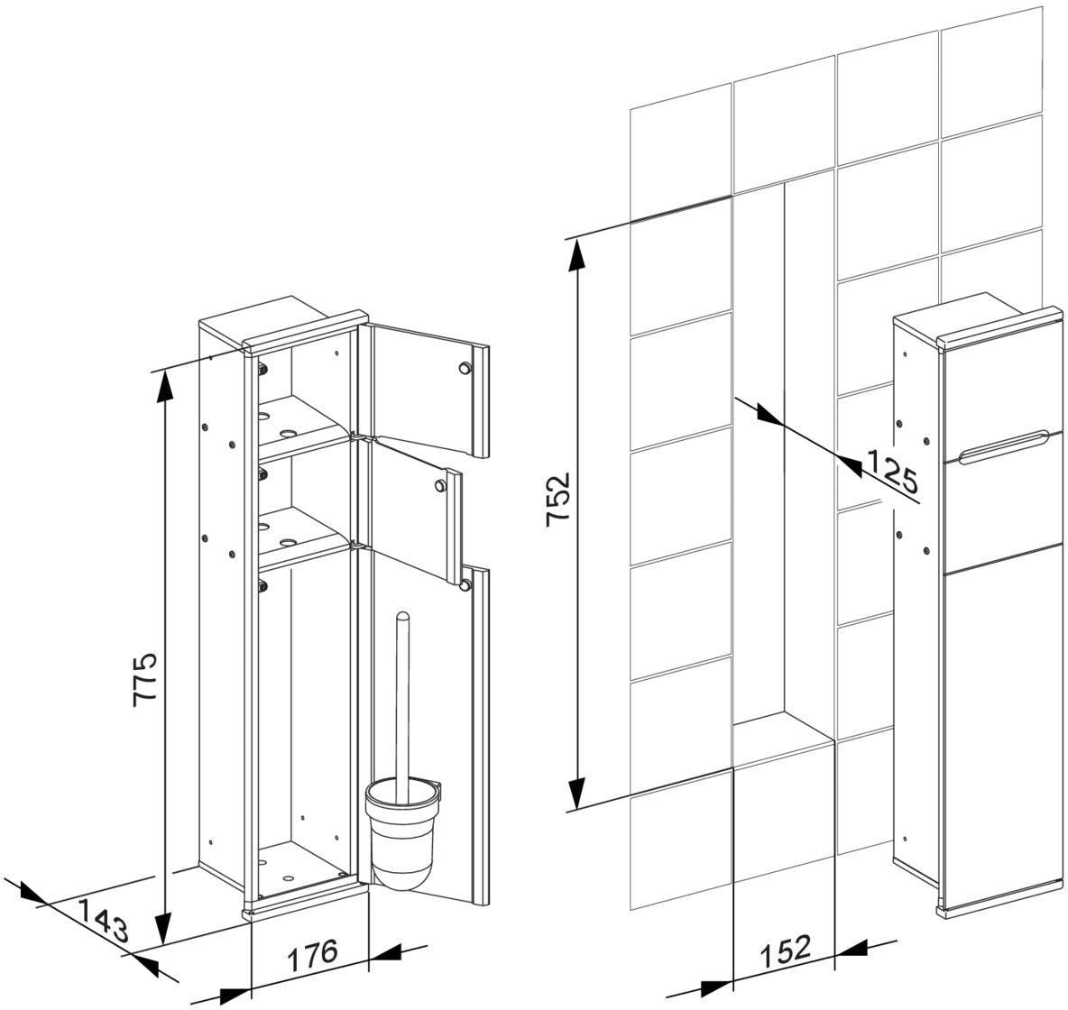 KEUCO Plan Integral WC-Modul 1 links angeschlagen, verchromt/Aluminium, 176 x 775 x 143 mm