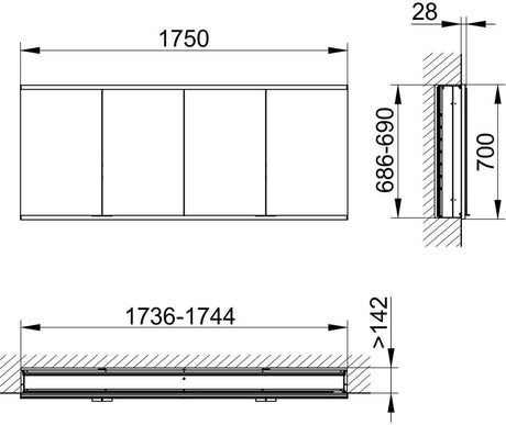 KEUCO Royal Modular 2.0 Spiegelschrank, beleuchtet, Wandeinbau, 1750 mm, silber-eloxiert