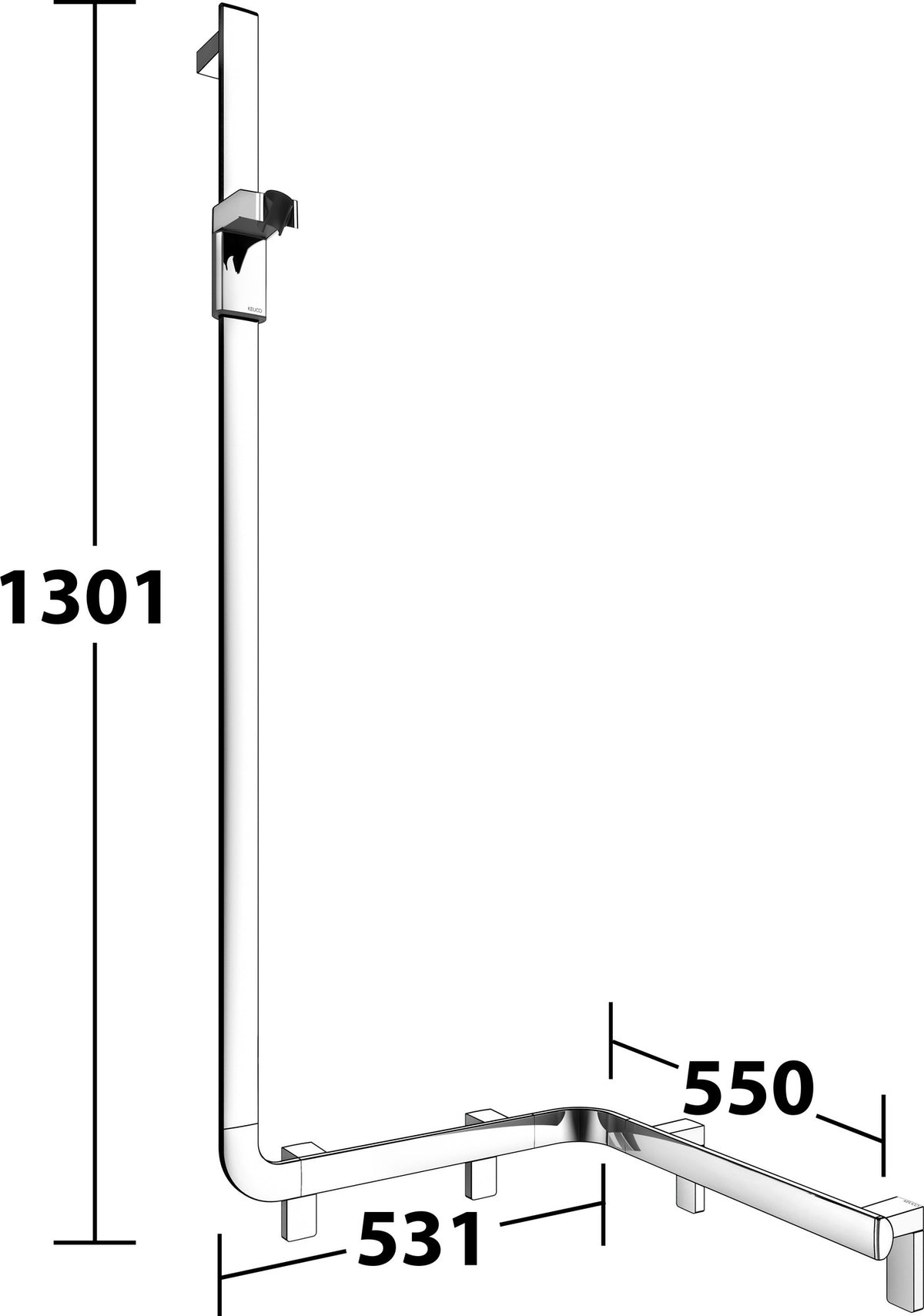 KEUCO AXESS Duschhandlauf 550/531/1301 mm mit Brausestange rechts, silber-eloxiert