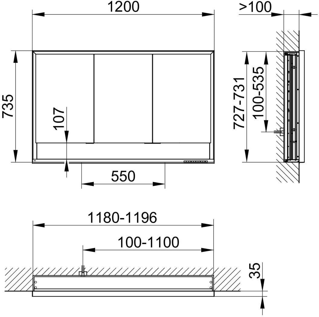KEUCO Royal Lumos Spiegelschrank Wandeinbau 1200x735x130 mm silber-eloxiert mit Ablagefach
