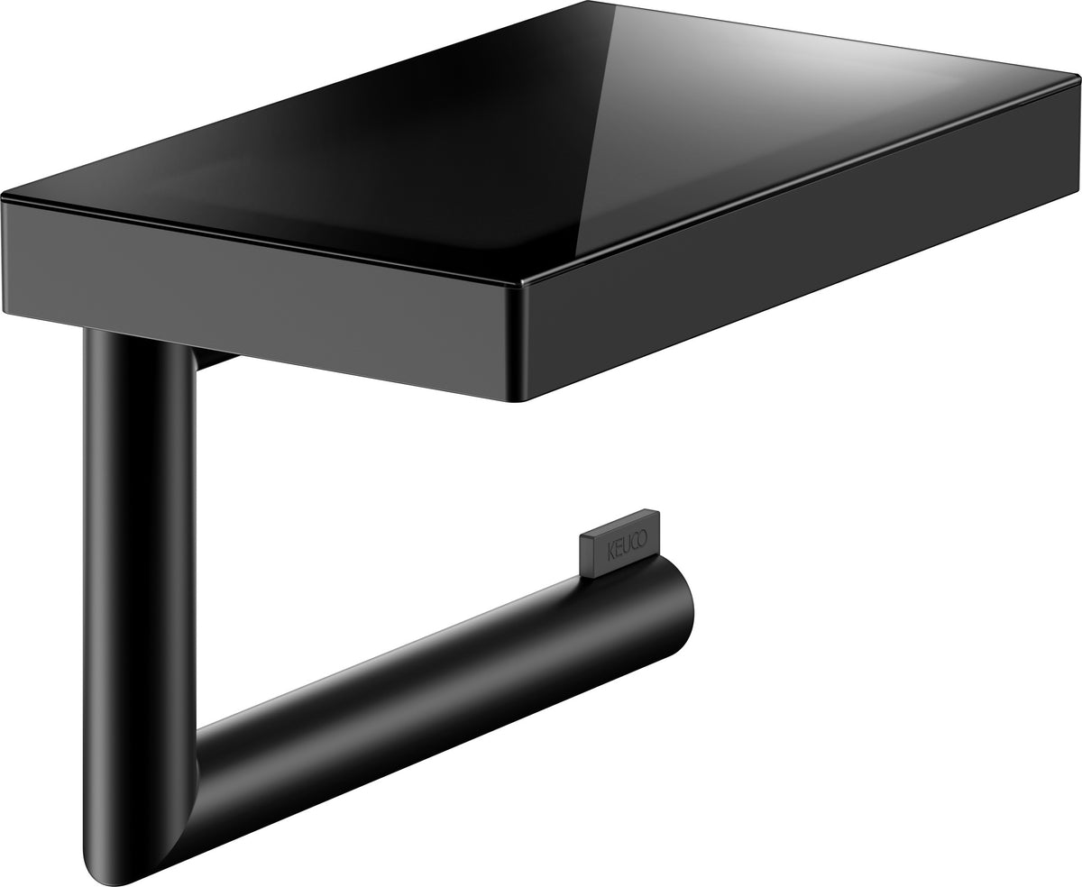 KEUCO REVA Toilettenpapierhalter mit Glas-Ablage in schwarz matt – Wandmontage, Metall