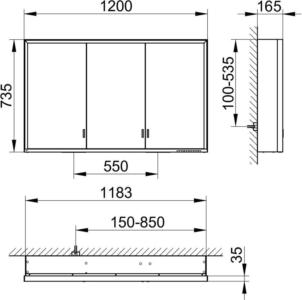 KEUCO Royal Lumos Spiegelschrank 1200 mm mit Beleuchtung, 3 Türen, silber-eloxiert