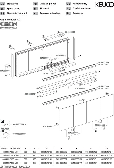 KEUCO Royal Modular 2.0 Spiegelschrank 1700 mm beleuchtet, silber-eloxiert, 4 Türen, Wandvorbau