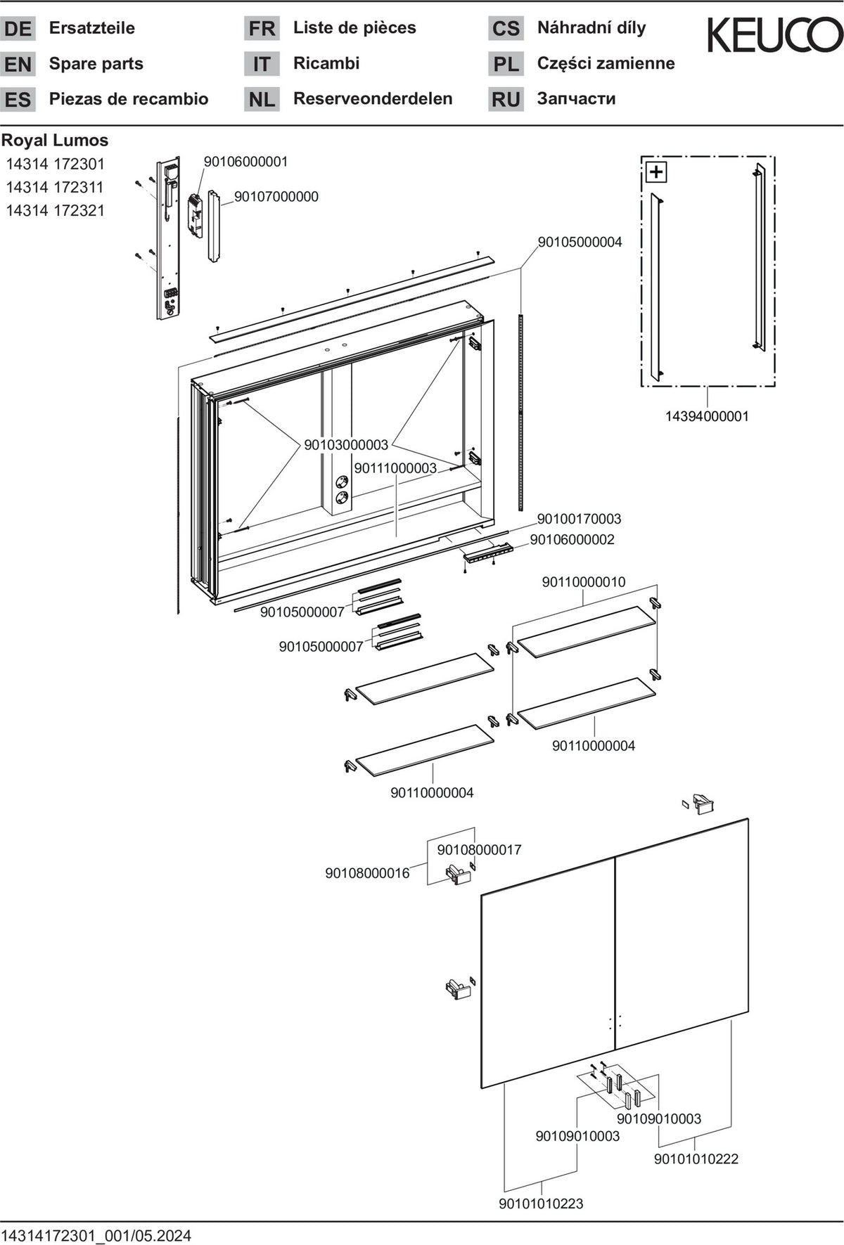 KEUCO Royal Lumos Spiegelschrank 1000 mm, Wandeinbau, silber-eloxiert, mit Beleuchtung und Ablagefach
