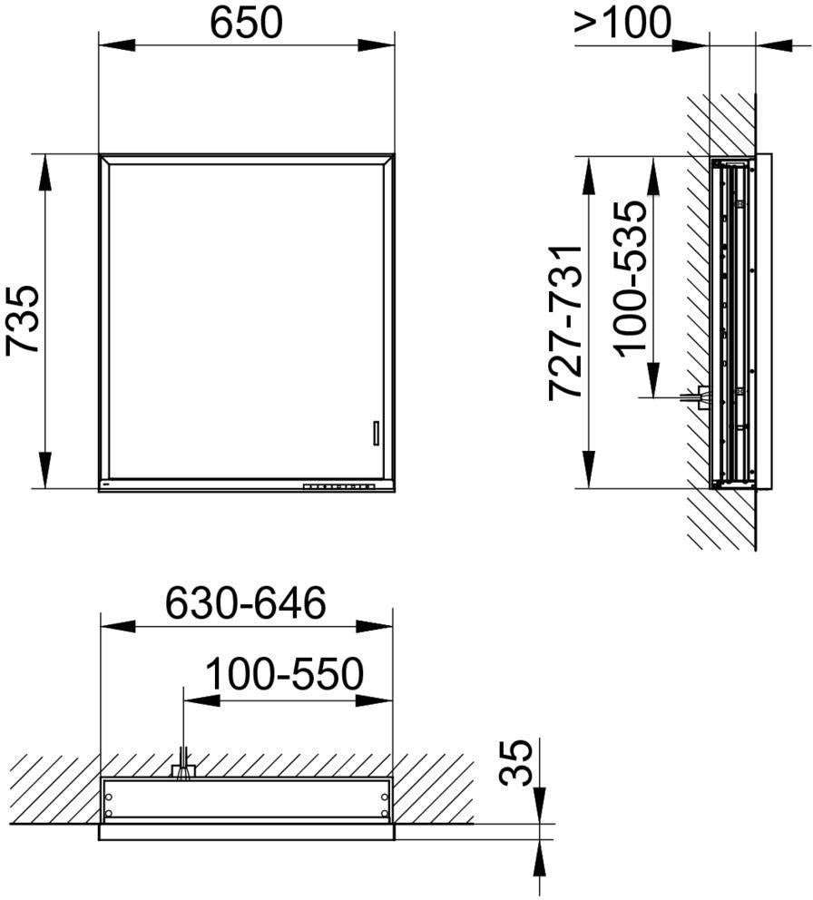 KEUCO Royal Lumos Spiegelschrank 650 mm, Wandeinbau, Anschlag rechts, silber-eloxiert