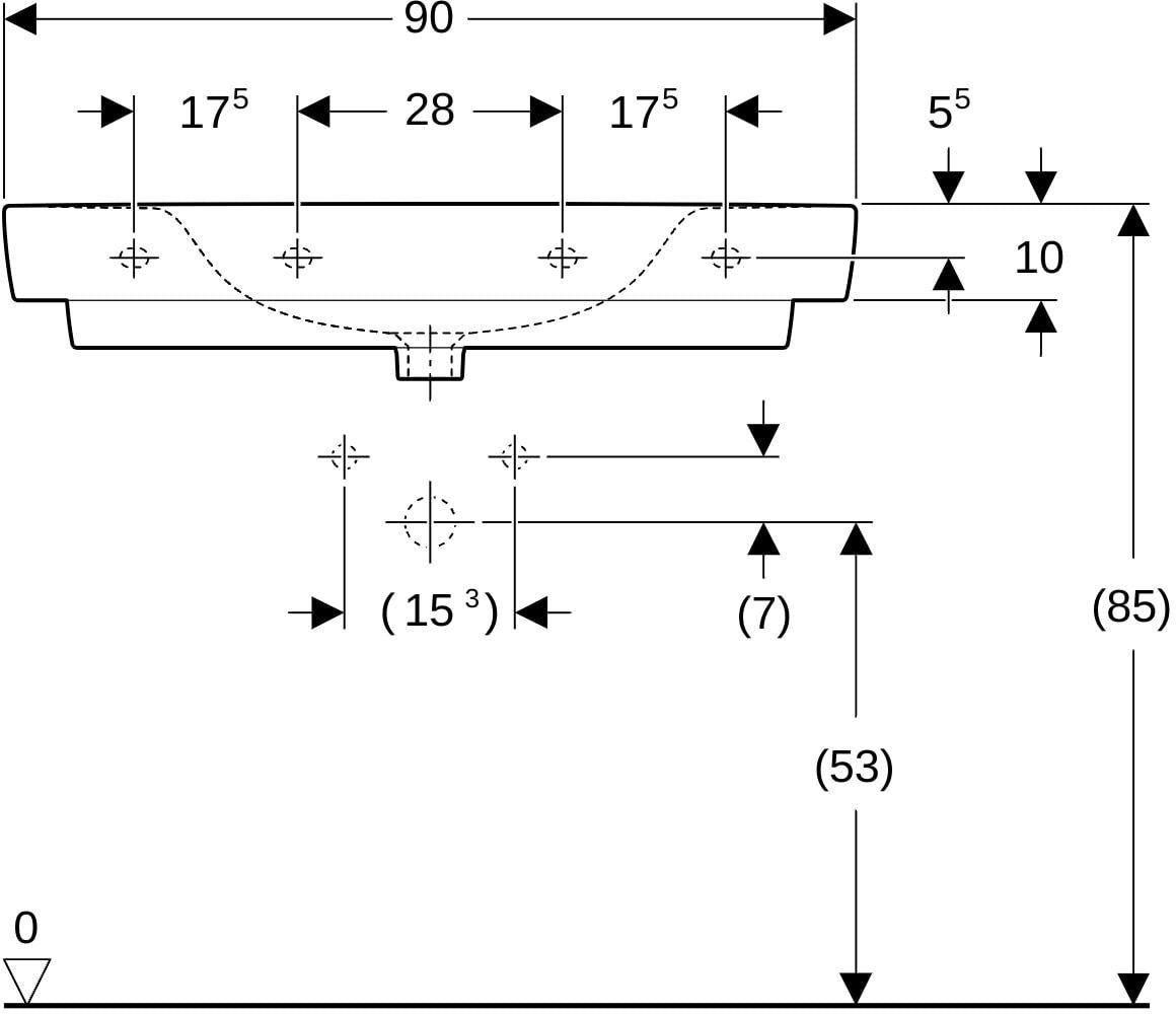 Geberit Renova Plan Waschtisch 90x48 cm mit Ablagefläche, Hahnloch mittig, weiß