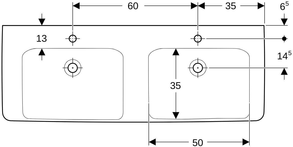 Geberit Renova Plan Doppelwaschtisch 130x48 cm mit Hahnloch und Überlauf in Weiß