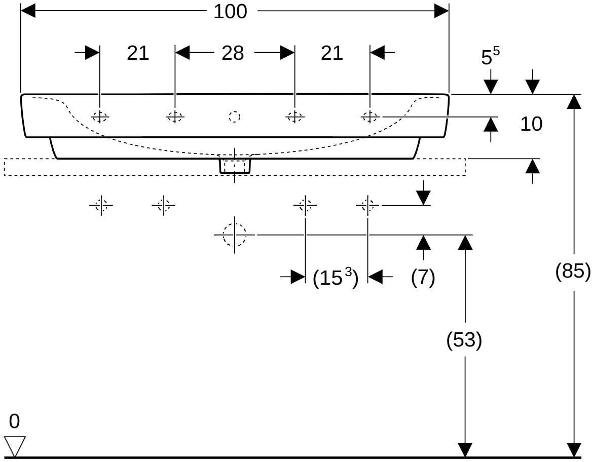 GEBERIT Renova Plan Aufsatzwaschtisch 100x48 cm, 2 Hahnlöcher, mit Überlauf, weiß