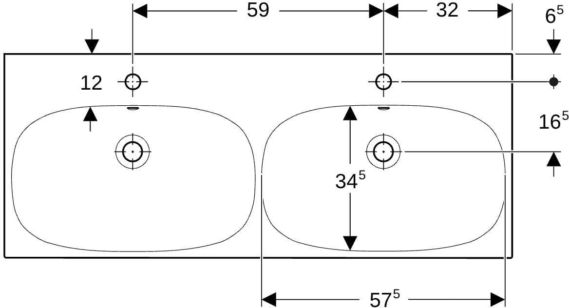 Geberit Acanto Doppel-Waschtisch 120x48 cm, 2 Hahnlöcher, mit Überlauf, weiß