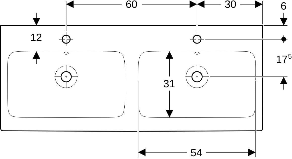 Geberit iCon Doppelwaschtisch 120 cm weiß – Wandmontage, mit Überlauf, 2 Hahnlöcher