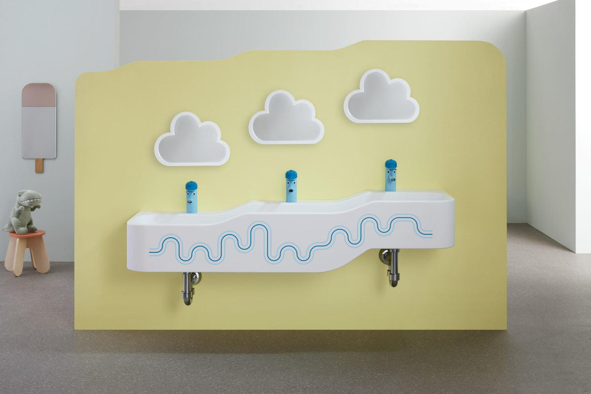 GEBERIT Bambini Spiel- und Waschlandschaft 140 cm – 3 Waschplätze, 3 Hahnlöcher, weiß-alpin matt