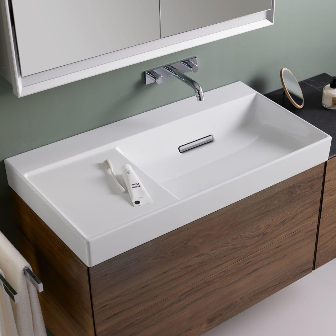Geberit ONE Waschtisch 90x48 cm CleanDrain, Ablage rechts, ohne Hahnloch, KeraTect weiß