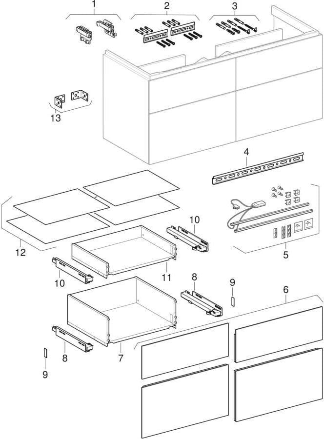Geberit Xeno2 Unterschrank für Waschtisch, 120 cm, 4 Schubladen, weiß hochglänzend