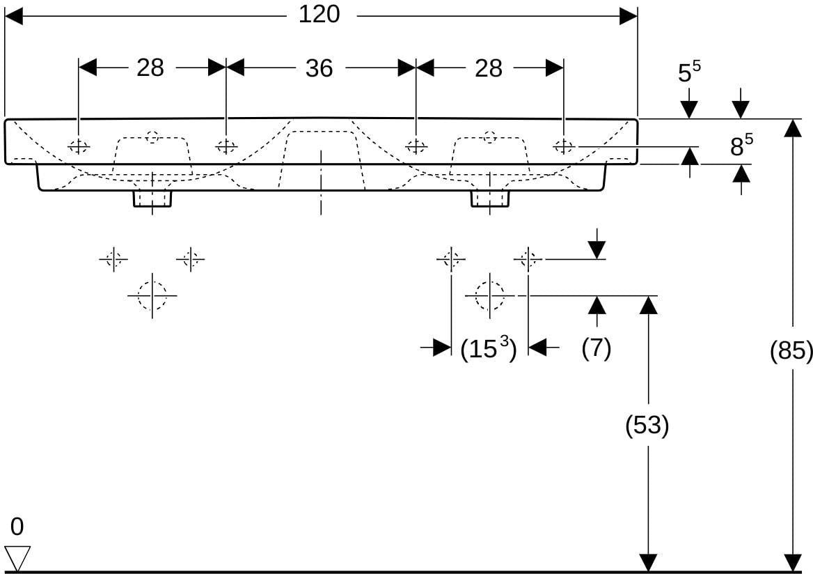 Geberit Smyle Doppelwaschtisch eckig 120x48cm mit Hahnloch und Überlauf, weiß
