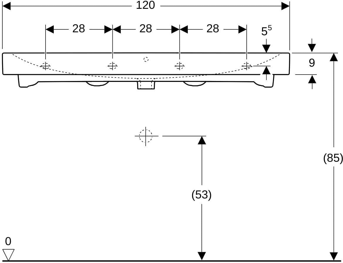 Geberit iCon Doppelwaschtisch 120 cm weiß, 2 Hahnlöcher, mit Überlauf, wandmontiert