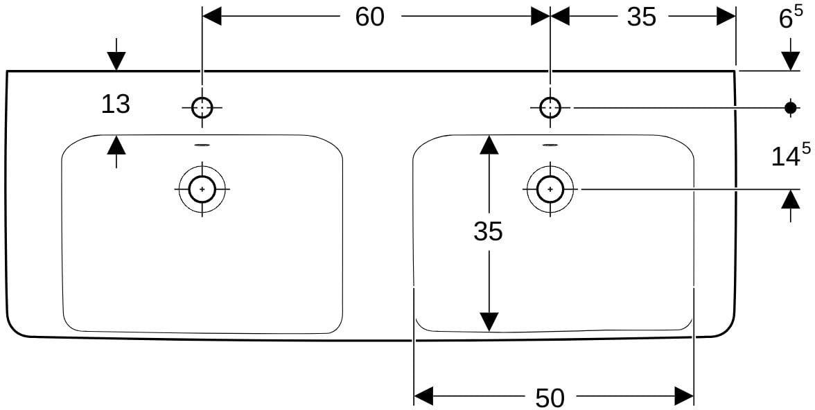 Geberit Renova Plan Doppelwaschtisch 130x48 cm mit Hahnloch und Überlauf in Weiß