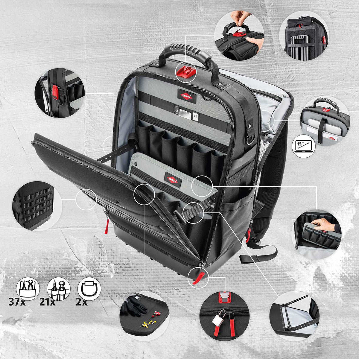 KNIPEX Werkzeugrucksack Modular X18 – 21 Haltelaschen, 37 Taschen, 15 kg Tragfähigkeit, Recycling-Nylon