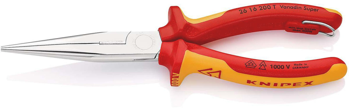 KNIPEX Flachrundzange 200 mm VDE-isoliert mit Befestigungsöse – Storchenschnabelzange