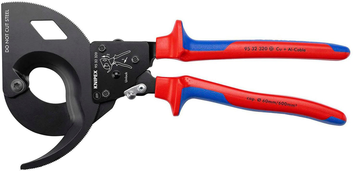 KNIPEX Kabelschneider 250 mm für Cu- und Al-Kabel bis 32 mm – Einhand-Ratschenprinzip