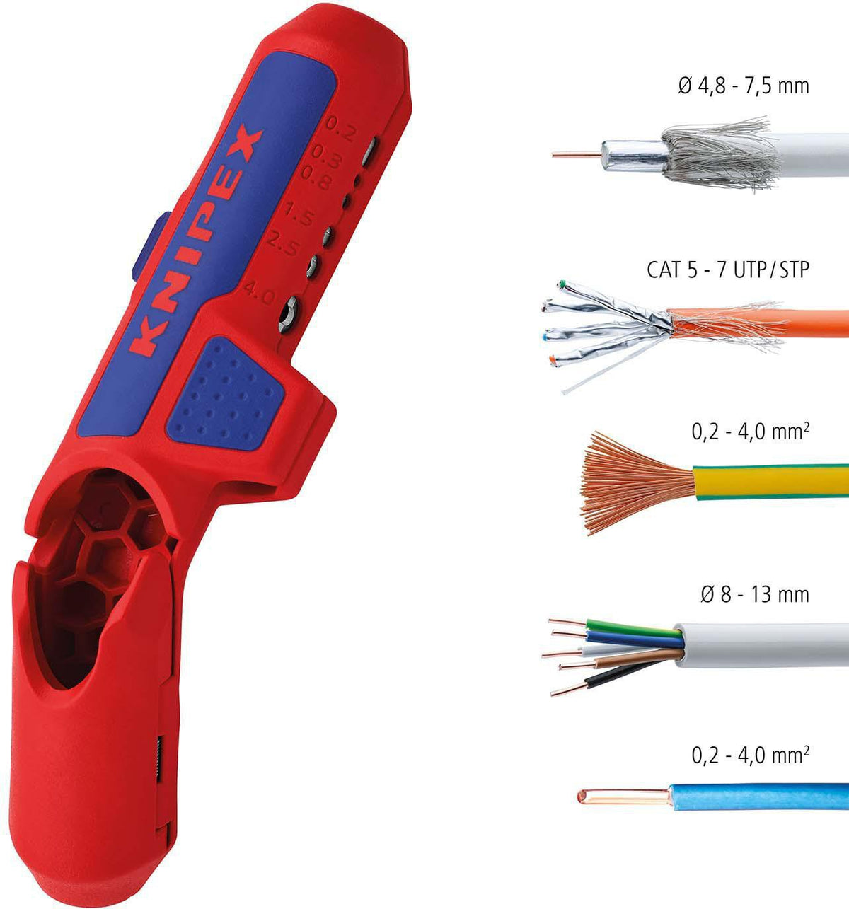 KNIPEX ErgoStrip® Universal-Abmantelungswerkzeug 130 mm für Rund-, Feuchtraum- und Datenkabel