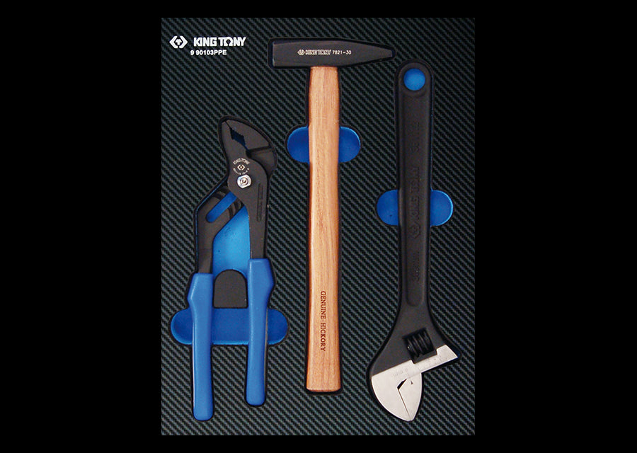KING TONY Profi-Werkzeuge - Zange, Hammer und Einmaulschlüssel-Set, EVAWAVE - 3 tlg. 990103PPE