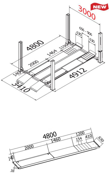 Cascos 4000kg Vier-Säulen Hebebühne 4,8 m - Doppelte T-Profile, Rampenhöhe 180 mm – 13380