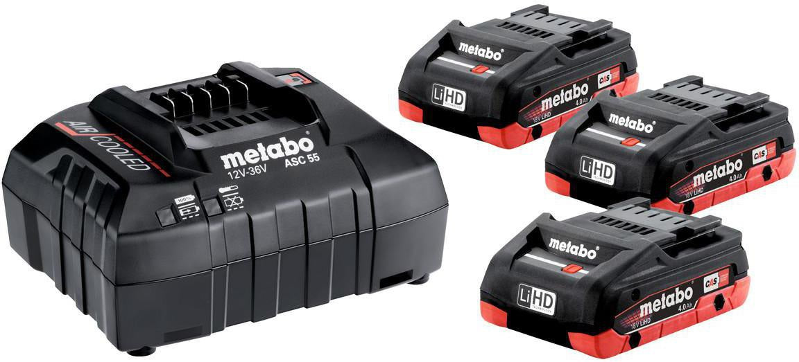 METABO Akku-Set Basic 4,0 LiHD 18 V 3x4 Ah – 3 Akkus + Ladegerät ASC 55