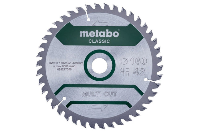 Metabo Kreissägeblatt multi cut classic D160 x 2,2/1,4 x Bohrung 20 mm, Z42 FZ/TZ – für Laminat, Kunststoff, Alu, Kupfer, Messing