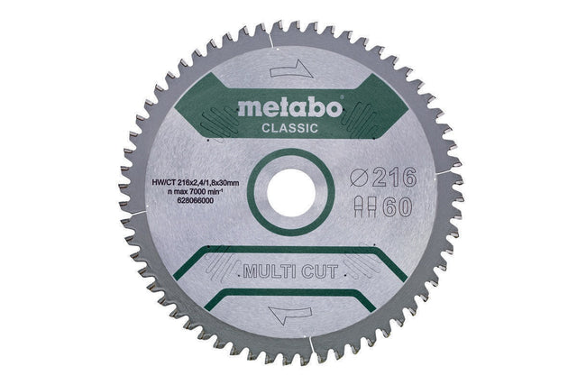 METABO Kreissägeblatt multi cut classic 216 mm Ø 60 Zähne HW/CT für Laminat, Kunststoff und Alu