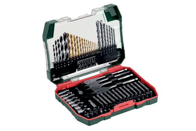 METABO Bohrersatz 86-teilig mit HSS-TiN-Bohrern, Steinbohrern, Holzbohrern, Bits und Steckschlüsseln