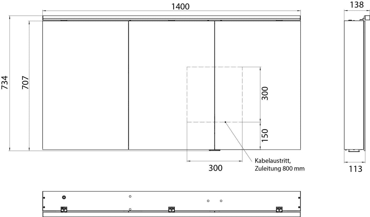 EMCO Bad Lichtspiegelschrank flat 2 Classic Aufputz 1400 mm 3-türig Aluminium