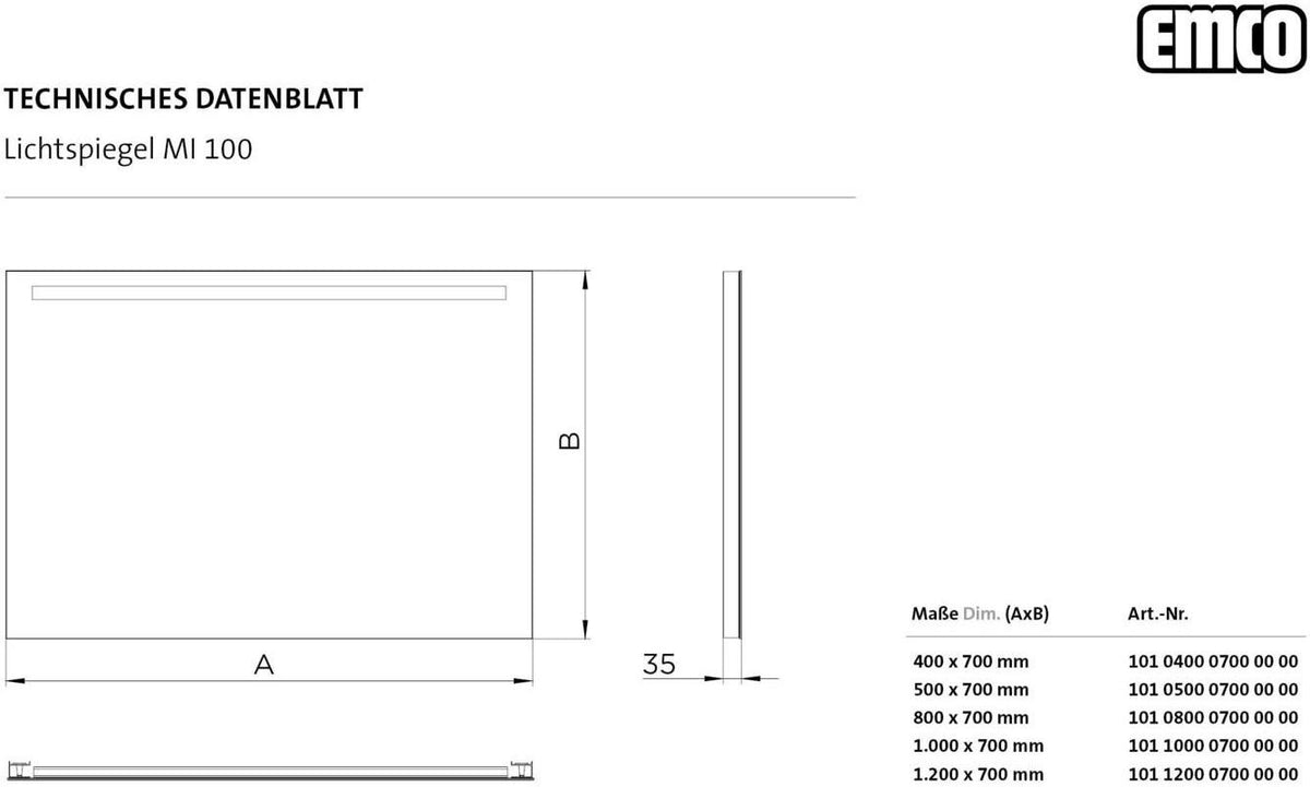EMCO LED-Lichtspiegel MI 100 400x700 mm Raumschaltung Lichtstreifen horizontal