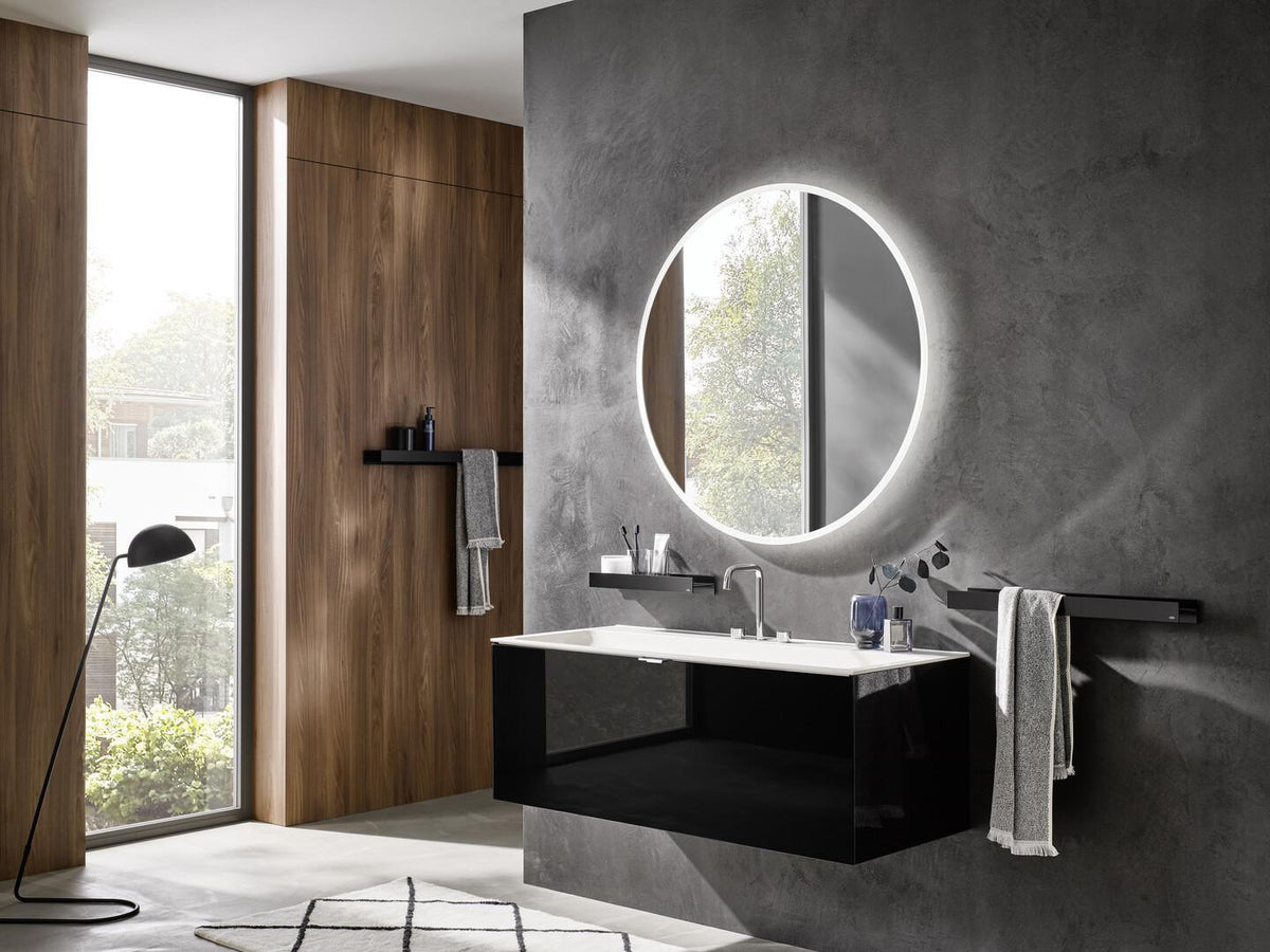 EMCO S 85 Glashalter & Flüssigseifenspender – Kristallglas, schwarz-matt, Wandmontage