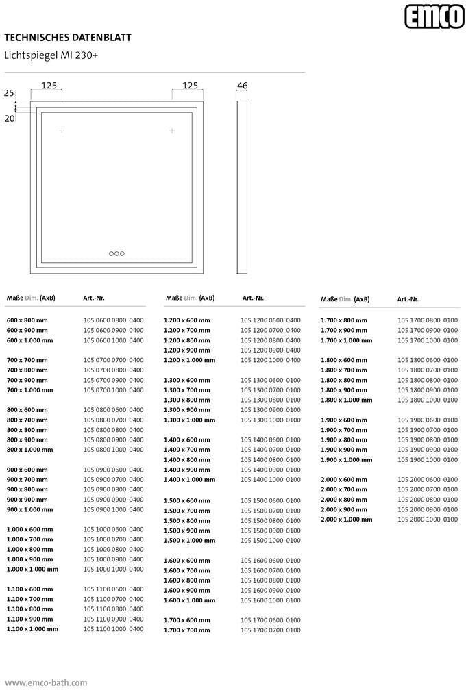 EMCO LED-Lichtspiegel MI 230+ 1000x600 mm mit Touchbedienfeld und umlaufendem Lichtausschnitt