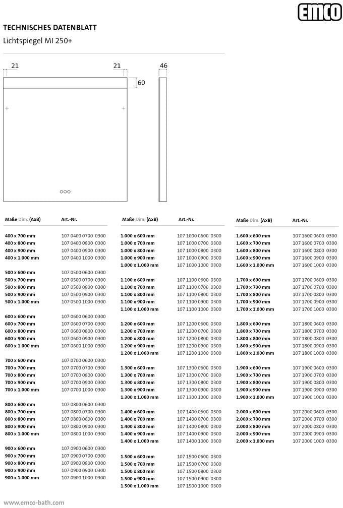 EMCO LED-Lichtspiegel MI 250+ mit Touch-Bedienfeld, 400x700 mm, durchgehender Lichtausschnitt