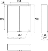EMCO prime 2 LED-Lichtspiegelschrank, 600 mm, 2-türig, Aufputz, Aluminium, mit Touchsensoren