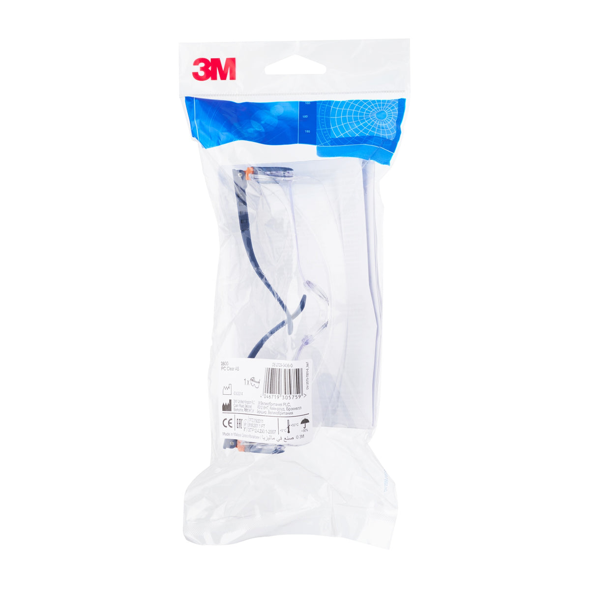 3M Schutzbrille 2800 EN 166 – Klare Polycarbonat-Scheibe, blauer Bügel, OTG