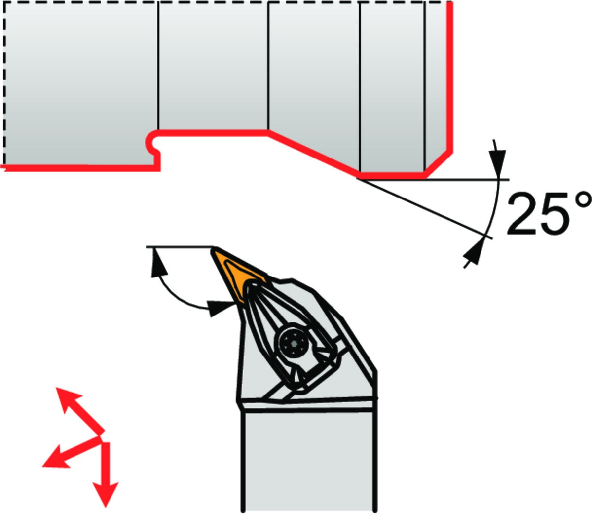 PRAMET Drehwerkzeughalter ISO DVPNL 2525 M 16 – Linkslauf, 150 mm Funktionslänge, doppelt geklemmt