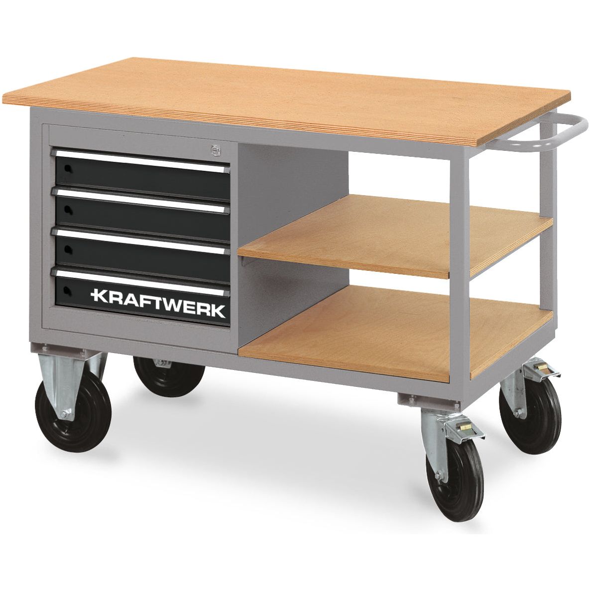 Kraftwerk Werkbank fahrbar mit 4 Schubladen und 2 Ablageböden, Buche Multiplex, 835 x 1300 x 600 mm